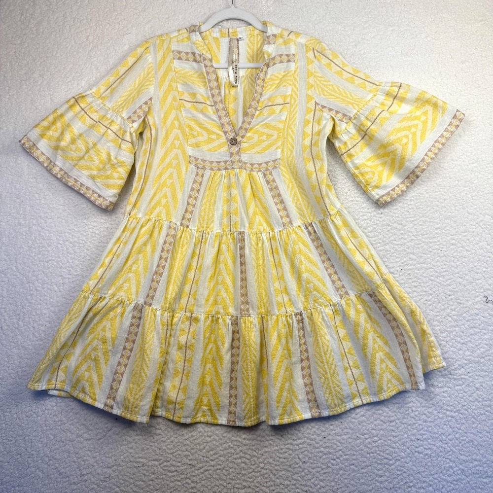 Uncle Frank Yellow & Cream Tiered V-Neck Mini Dress with Button Placket